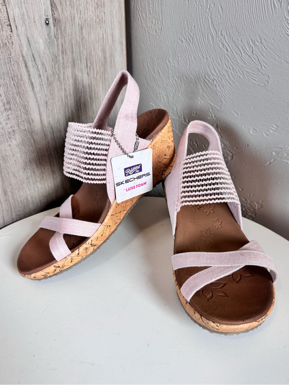 Skechers Women's Light Pink Cork Wedge Sandals with Luxe Foam